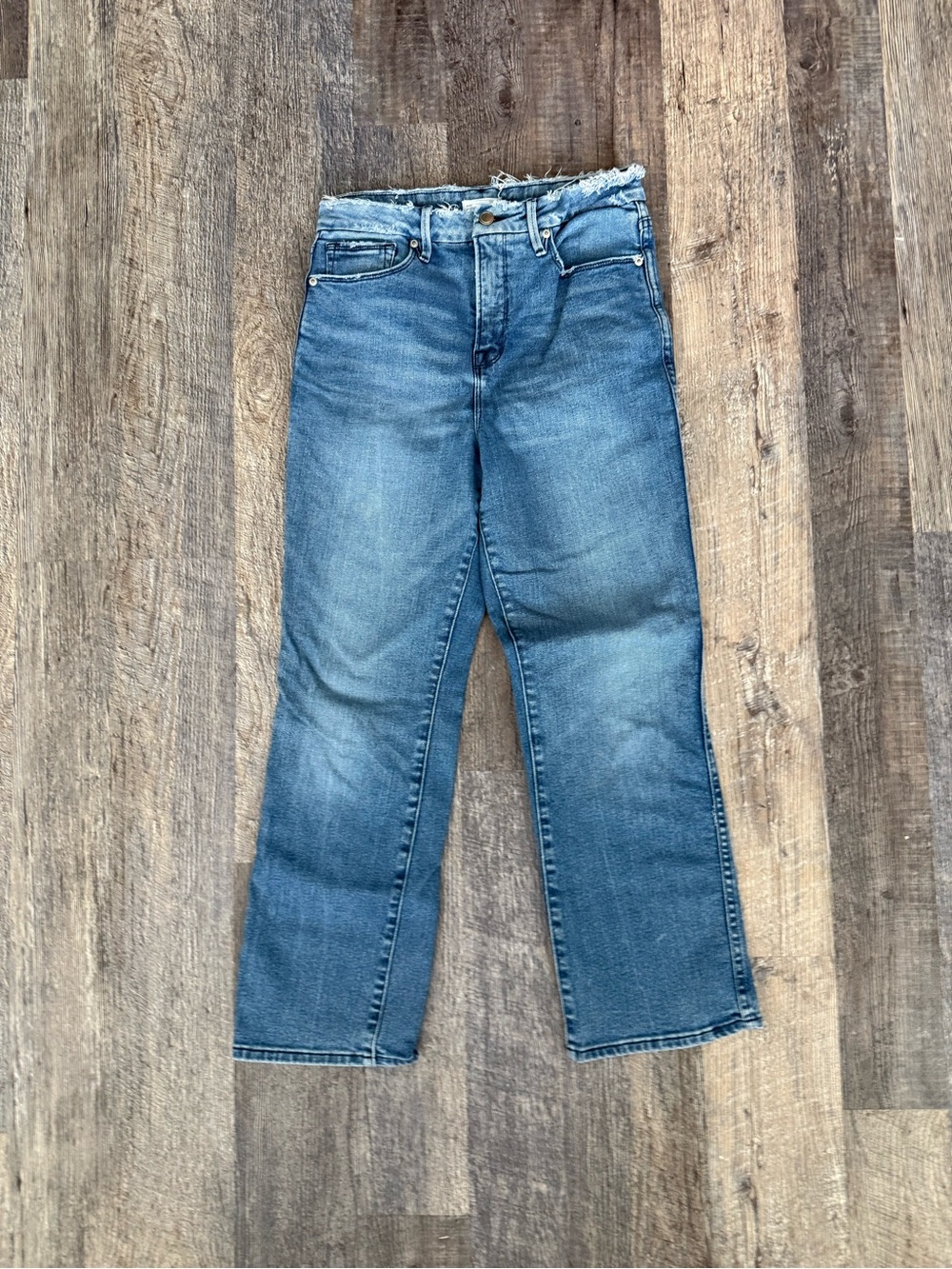 Good American Good Curve Straight Leg Jeans High Rise Faded Frayed No Gap Waist